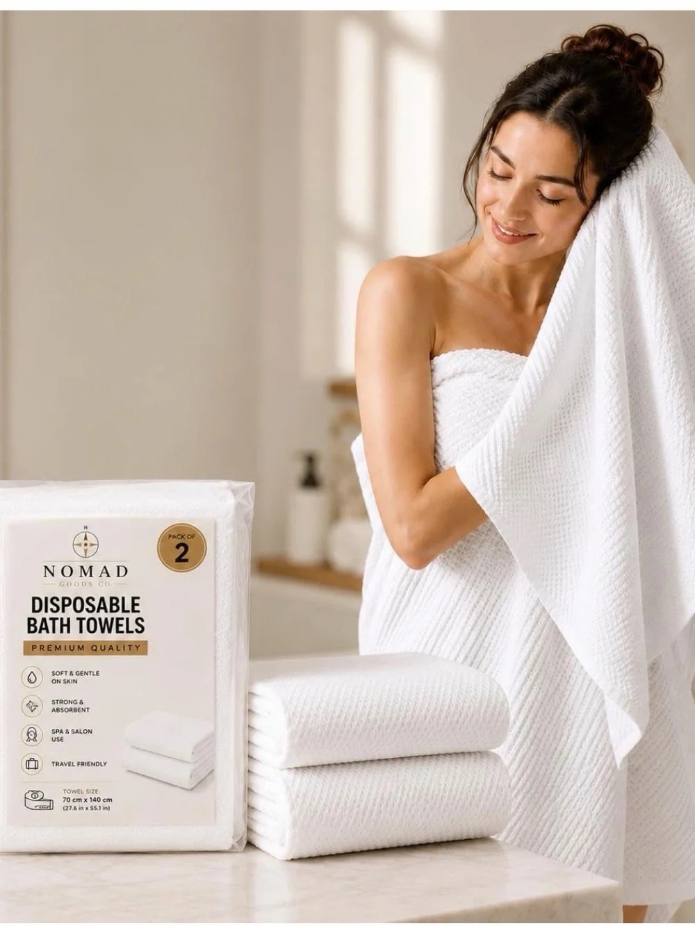 Disposable Bath Towels 2 Pack White Non-Woven Biodegradable Hotel Spa Travel